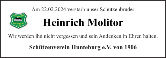 Traueranzeige von Heinrich Molitor von Neue Osnabrücker Zeitung GmbH & Co. KG