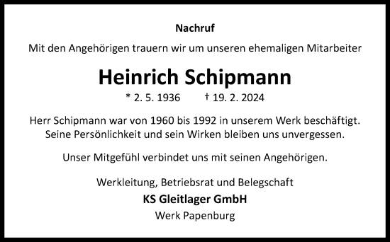 Traueranzeige von Heinrich Schipmann von Neue Osnabrücker Zeitung GmbH & Co. KG