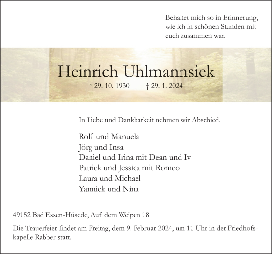 Traueranzeige von Heinrich Uhlmannsiek von Neue Osnabrücker Zeitung GmbH & Co. KG