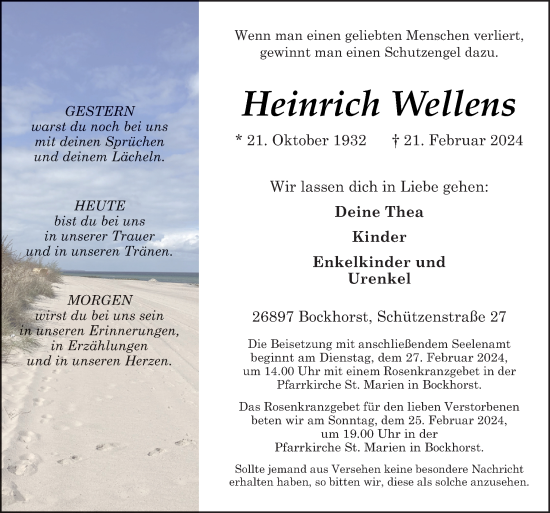 Traueranzeige von Heinrich Wellens von Neue Osnabrücker Zeitung GmbH & Co. KG