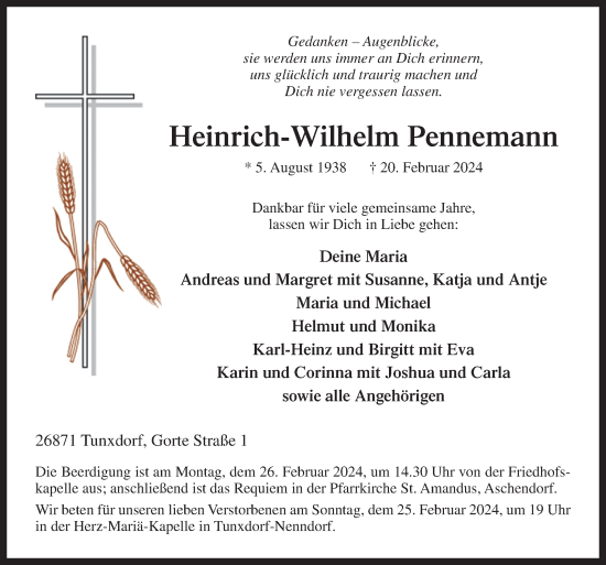Traueranzeige von Heinrich-Wilhelm Pennemann von Neue Osnabrücker Zeitung GmbH & Co. KG