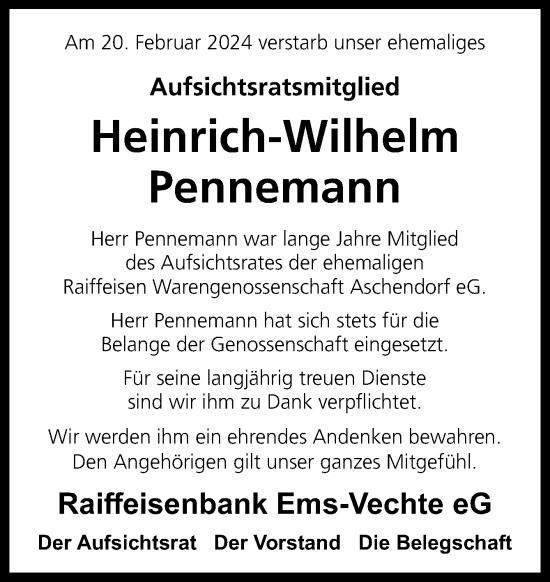 Traueranzeige von Heinrich-Wilhelm Pennemann von Neue Osnabrücker Zeitung GmbH & Co. KG