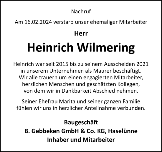 Traueranzeige von Heinrich Wilmering von Neue Osnabrücker Zeitung GmbH & Co. KG