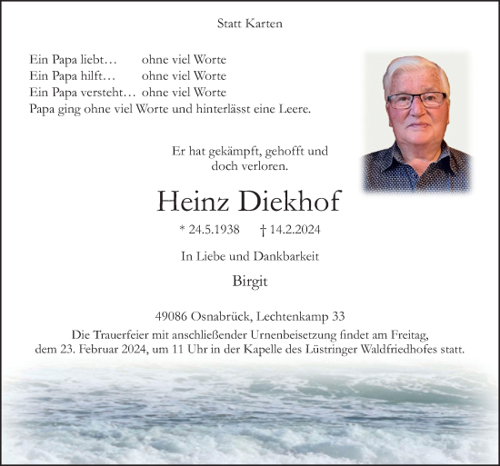 Traueranzeige von Heinz Diekhof von Neue Osnabrücker Zeitung GmbH & Co. KG