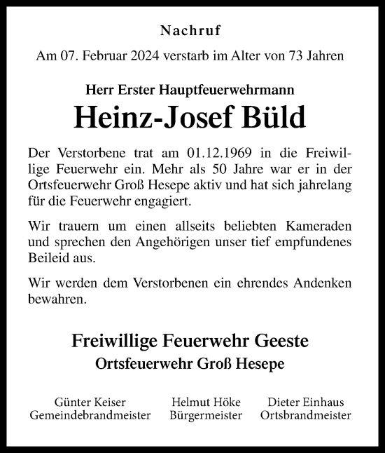 Traueranzeige von Heinz-Josef Büld von Neue Osnabrücker Zeitung GmbH & Co. KG