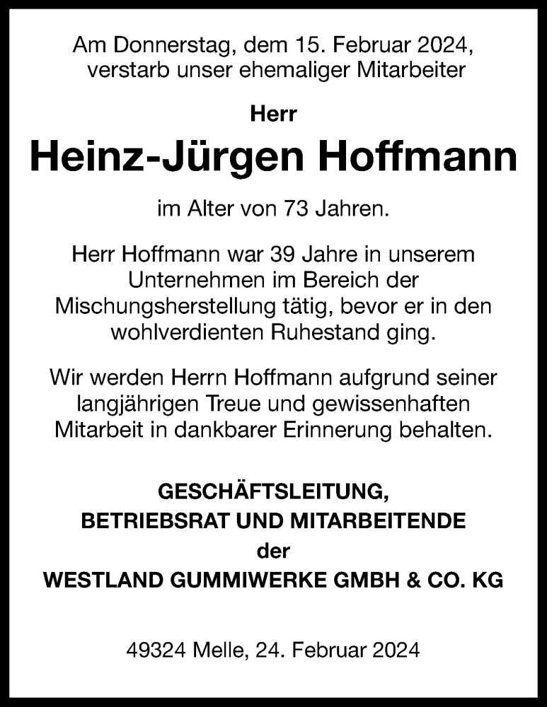  Traueranzeige für Heinz-Jürgen Hoffmann vom 24.02.2024 aus Neue Osnabrücker Zeitung GmbH & Co. KG