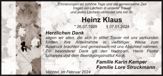 Traueranzeige von Heinz Klaus von Neue Osnabrücker Zeitung GmbH & Co. KG