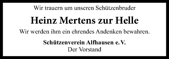 Traueranzeige von Heinz Mertens zur Helle von Neue Osnabrücker Zeitung GmbH & Co. KG