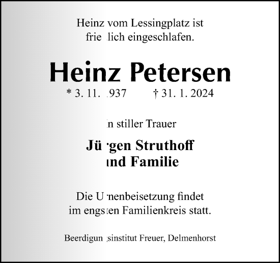 Traueranzeige von Heinz Petersen von DK Medien GmbH & Co. KG