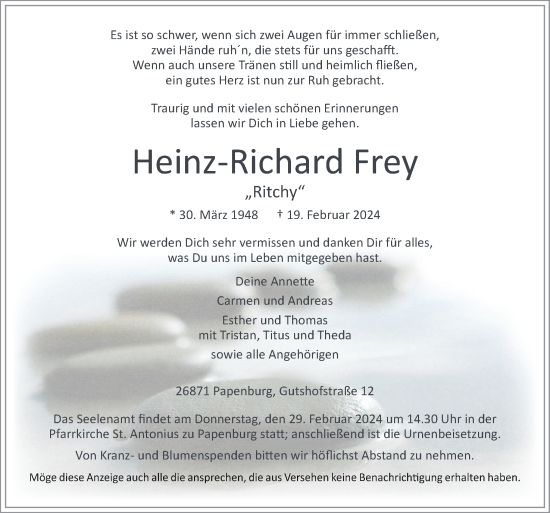 Traueranzeige von Heinz-Richard Frey von Neue Osnabrücker Zeitung GmbH & Co. KG