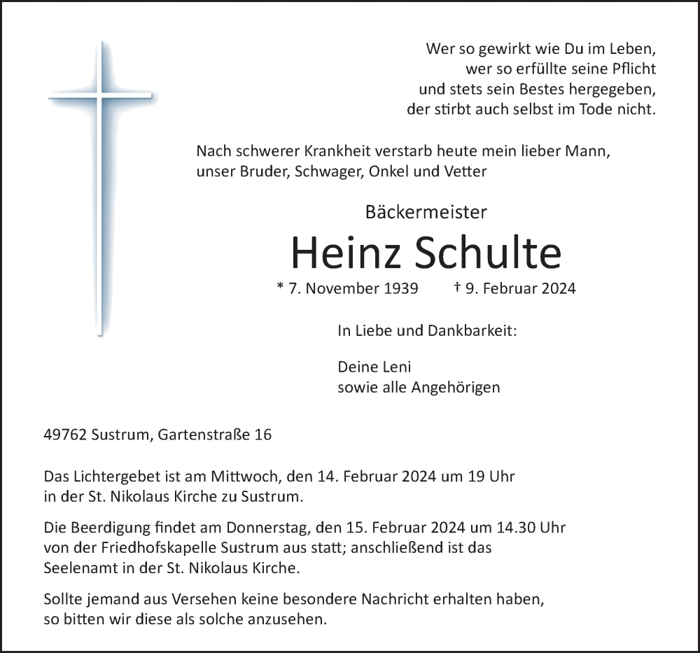  Traueranzeige für Heinz Schulte vom 12.02.2024 aus Neue Osnabrücker Zeitung GmbH & Co. KG