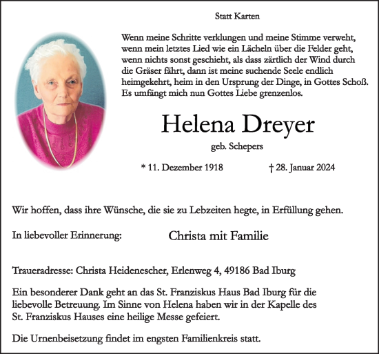 Traueranzeige von Helena Dreyer von Neue Osnabrücker Zeitung GmbH & Co. KG