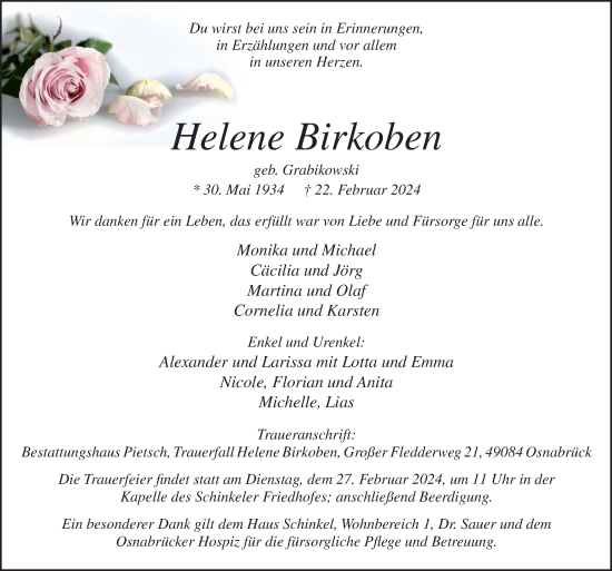 Traueranzeige von Helene Birkoben von Neue Osnabrücker Zeitung GmbH & Co. KG