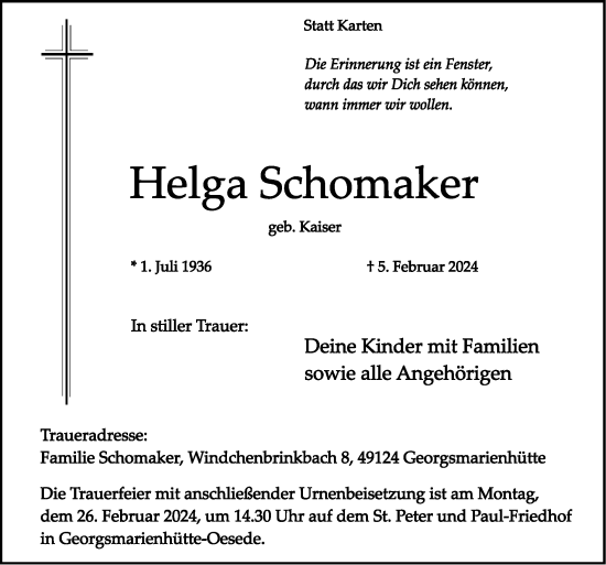 Traueranzeige von Helga Schomaker von Neue Osnabrücker Zeitung GmbH & Co. KG