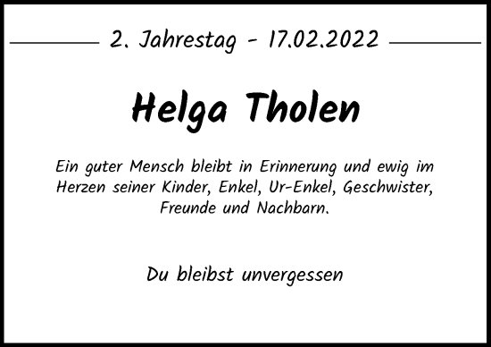 Traueranzeige von Helga Tholen von Neue Osnabrücker Zeitung GmbH & Co. KG