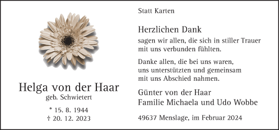 Traueranzeige von Helga von der Haar von Neue Osnabrücker Zeitung GmbH & Co. KG