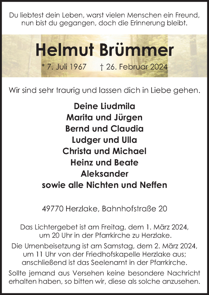  Traueranzeige für Helmut Brümmer vom 28.02.2024 aus Neue Osnabrücker Zeitung GmbH & Co. KG