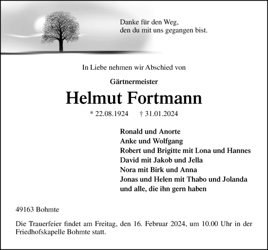 Traueranzeige von Helmut Fortmann von Neue Osnabrücker Zeitung GmbH & Co. KG