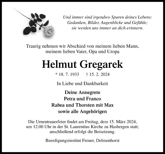 Traueranzeige von Helmut Gregarek von DK Medien GmbH & Co. KG