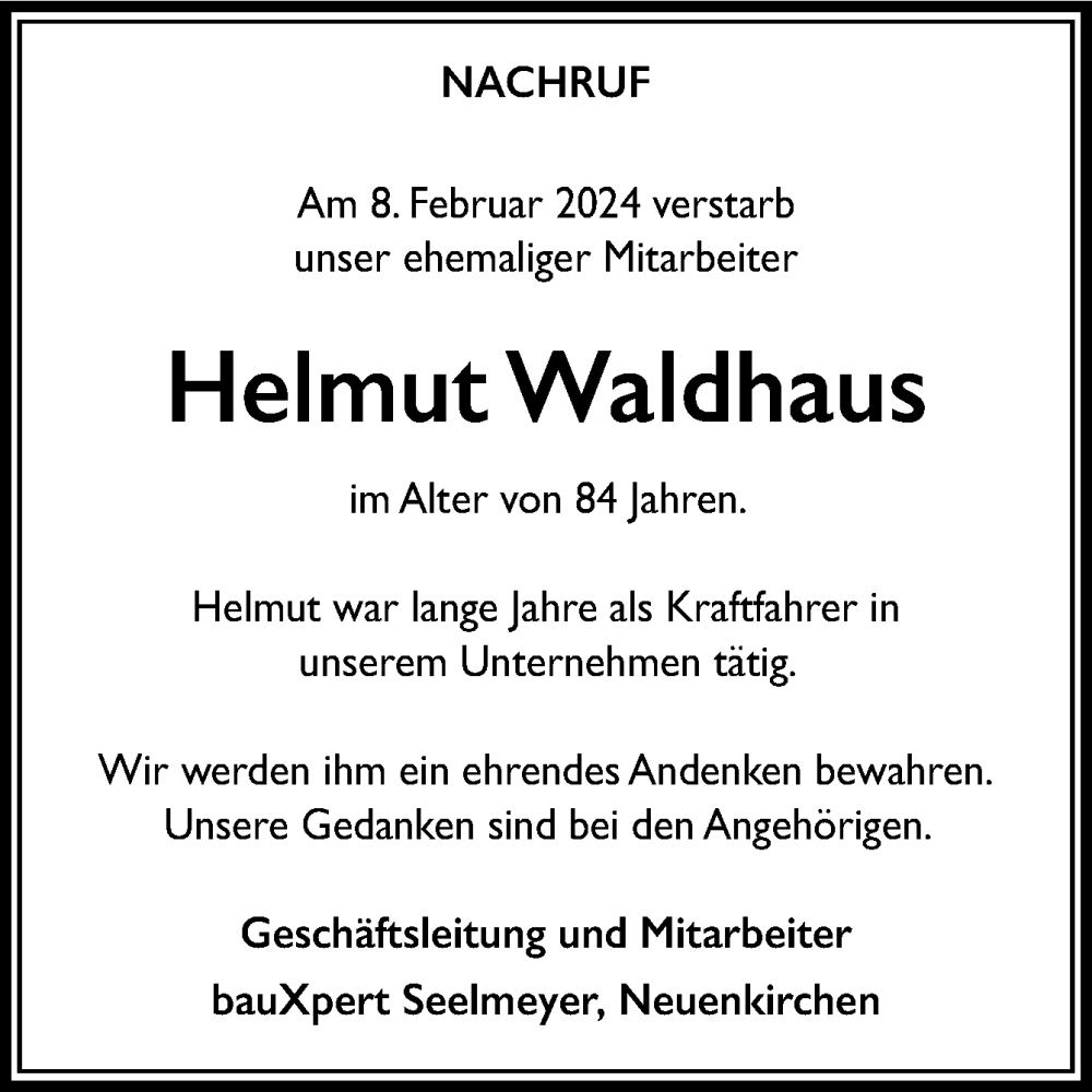  Traueranzeige für Helmut Waldhaus vom 14.02.2024 aus Neue Osnabrücker Zeitung GmbH & Co. KG