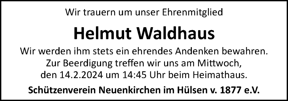  Traueranzeige für Helmut Waldhaus vom 13.02.2024 aus Neue Osnabrücker Zeitung GmbH & Co. KG