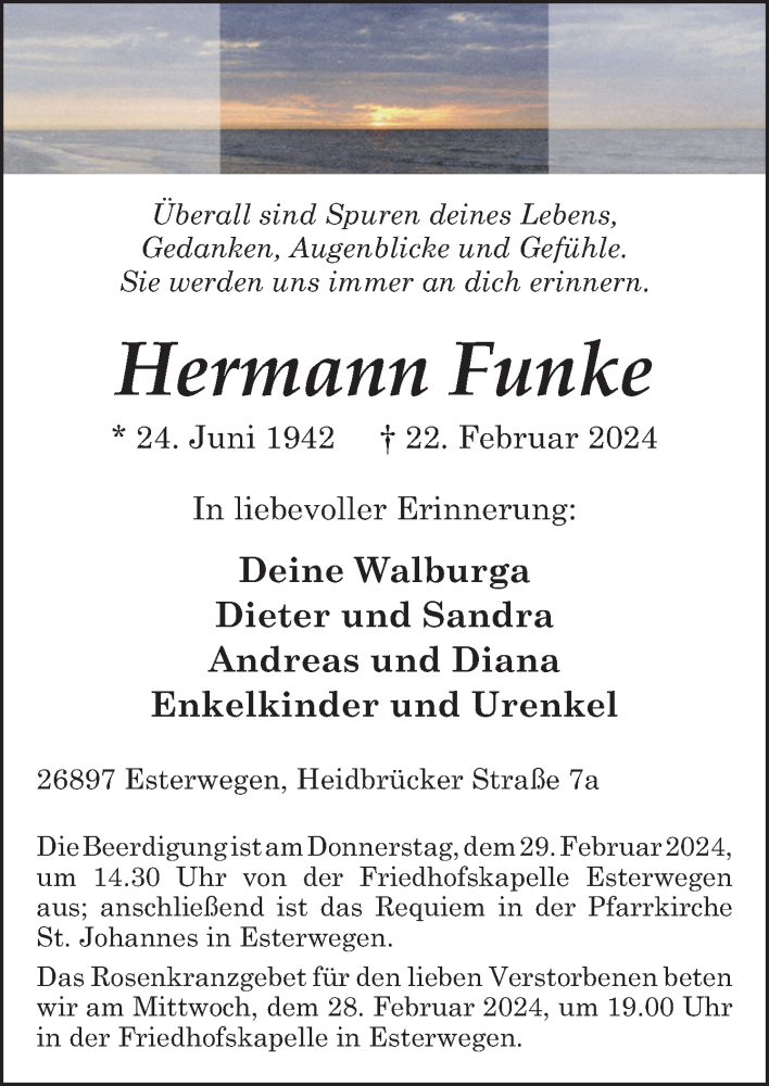  Traueranzeige für Hermann Funke vom 26.02.2024 aus Neue Osnabrücker Zeitung GmbH & Co. KG