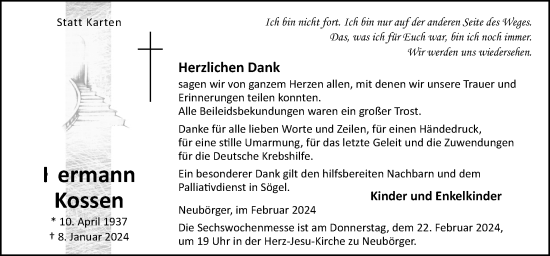 Traueranzeige von Hermann Kossen von Neue Osnabrücker Zeitung GmbH & Co. KG