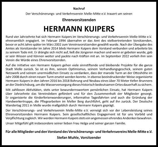 Traueranzeige von Hermann Kuipers von Neue Osnabrücker Zeitung GmbH & Co. KG