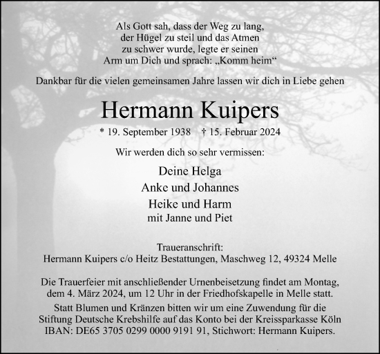 Traueranzeige von Hermann Kuipers von Neue Osnabrücker Zeitung GmbH & Co. KG