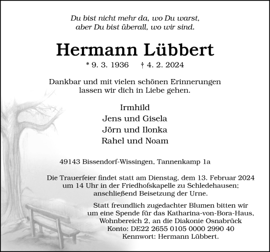 Traueranzeige von Hermann Lübbert von Neue Osnabrücker Zeitung GmbH & Co. KG