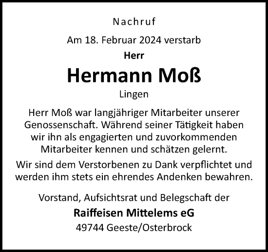 Traueranzeige von Hermann Moß von Neue Osnabrücker Zeitung GmbH & Co. KG