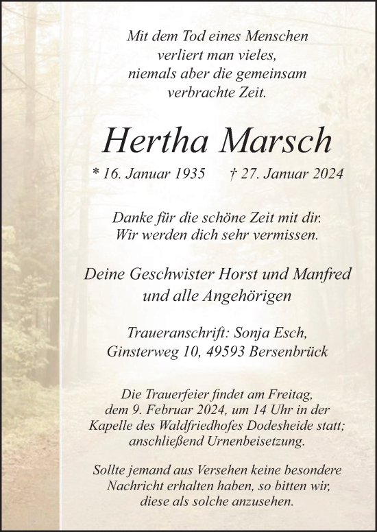 Traueranzeige von Hertha Marsch von Neue Osnabrücker Zeitung GmbH & Co. KG