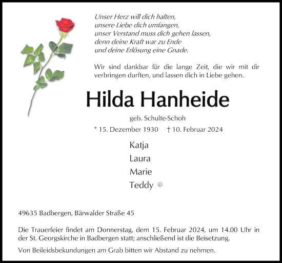 Traueranzeige von Hilda Hanheide von Neue Osnabrücker Zeitung GmbH & Co. KG