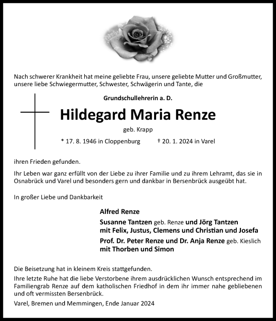 Traueranzeige von Hildegard Maria Renze von Neue Osnabrücker Zeitung GmbH & Co. KG