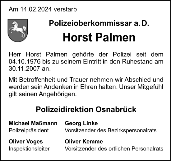 Traueranzeige von Horst Palmen von Neue Osnabrücker Zeitung GmbH & Co. KG