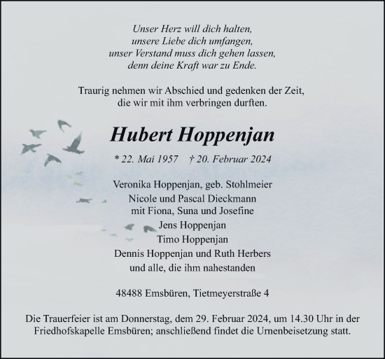 Traueranzeige von Hubert Hoppenjan von Neue Osnabrücker Zeitung GmbH & Co. KG