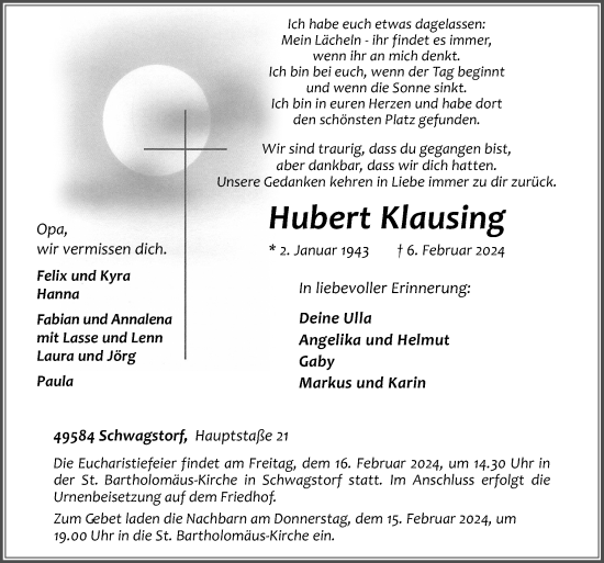 Traueranzeige von Hubert Klausing von Neue Osnabrücker Zeitung GmbH & Co. KG