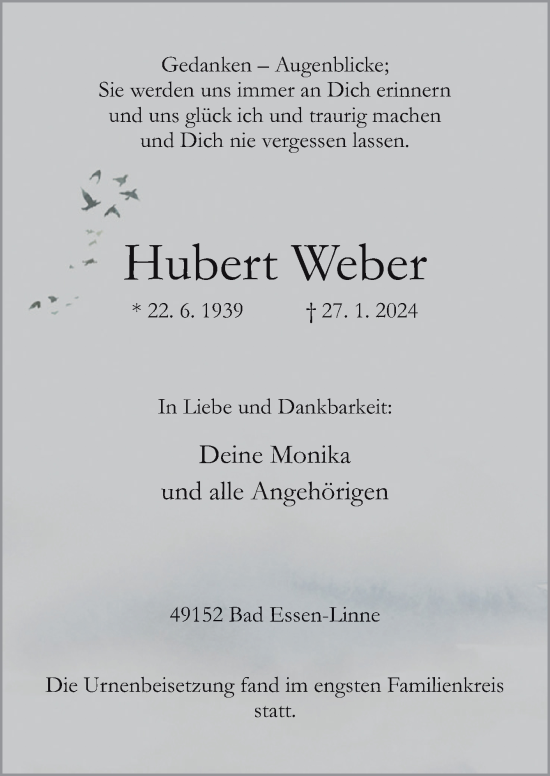 Traueranzeige von Hubert Weber von Neue Osnabrücker Zeitung GmbH & Co. KG