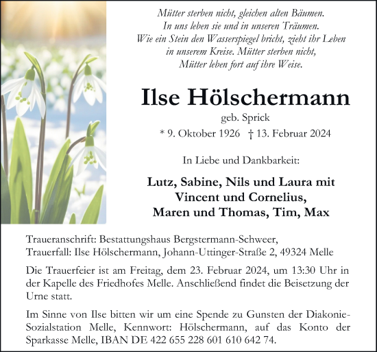 Traueranzeige von Ilse Hölschermann von Neue Osnabrücker Zeitung GmbH & Co. KG