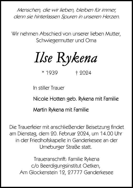 Traueranzeige von Ilse Rykena von DK Medien GmbH & Co. KG