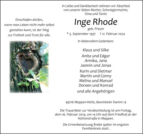 Traueranzeige von Inge Rhode von Neue Osnabrücker Zeitung GmbH & Co. KG