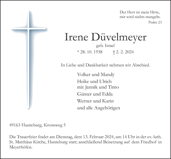 Traueranzeige von Irene Düvelmeyer von Neue Osnabrücker Zeitung GmbH & Co. KG