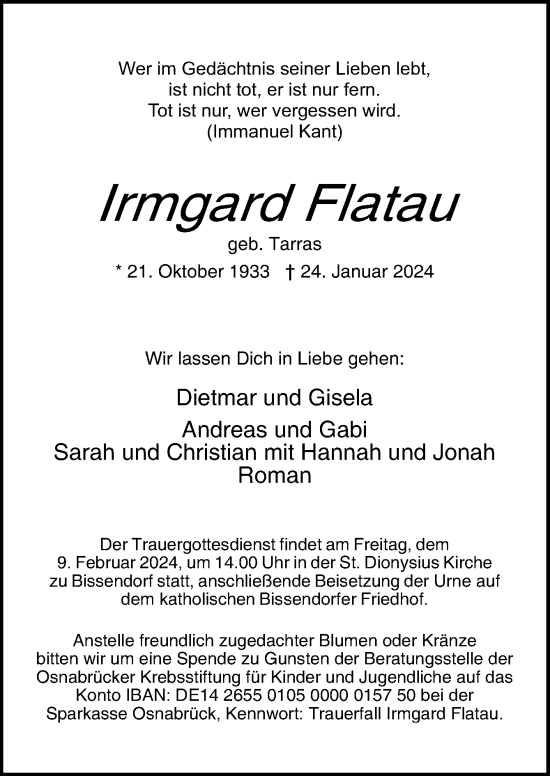 Traueranzeige von Irmgard Flatau von Neue Osnabrücker Zeitung GmbH & Co. KG