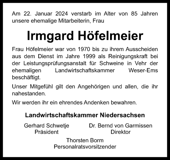 Traueranzeige von Irmgard Höfelmeier von Neue Osnabrücker Zeitung GmbH & Co. KG
