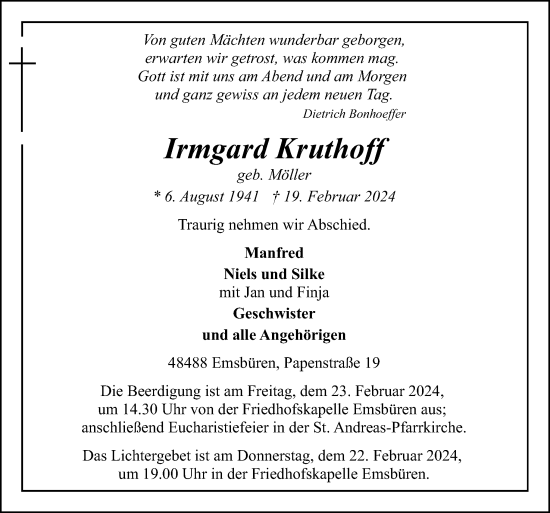 Traueranzeige von Irmgard Kruthoff von Neue Osnabrücker Zeitung GmbH & Co. KG