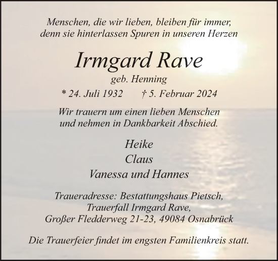 Traueranzeige von Irmgard Rave von Neue Osnabrücker Zeitung GmbH & Co. KG