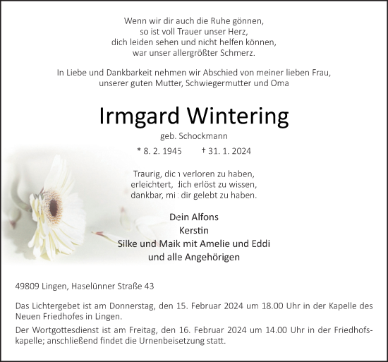 Traueranzeige von Irmgard Wintering von Neue Osnabrücker Zeitung GmbH & Co. KG