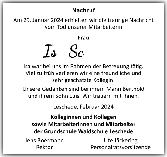 Traueranzeige von Isa Schüring von Neue Osnabrücker Zeitung GmbH & Co. KG
