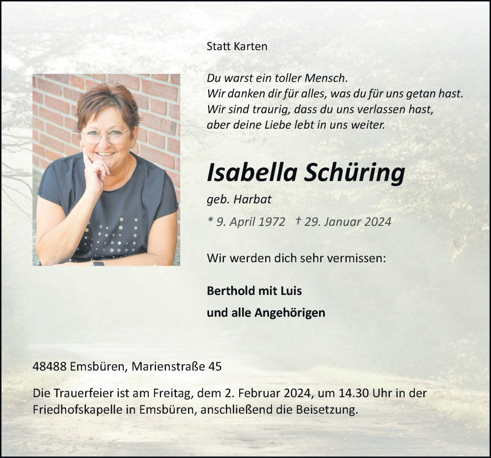  Traueranzeige für Isabella Schüring vom 01.02.2024 aus Neue Osnabrücker Zeitung GmbH & Co. KG