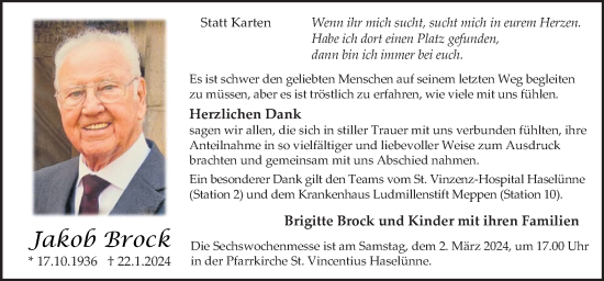Traueranzeige von Jakob Brock von Neue Osnabrücker Zeitung GmbH & Co. KG